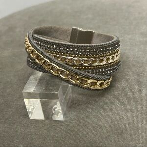 Gray leather crystal rhinestone gold tone chain-link wrap bracelet